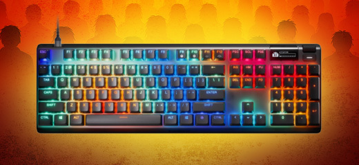 A black SteelSeries Apex Pro Gen 3 Keyboard with rainbow-colored keys overlaid on a red background with dark outlines of a large group of people.
