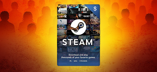 A Steam gift card overlaid on a red background with dark outlines of a large group of people.