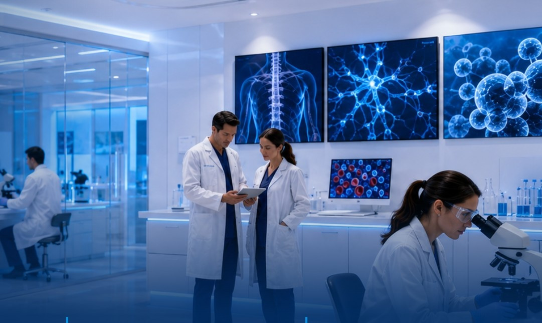 Scientists work in a modern biomedical research laboratory with microscopes, digital medical displays, and advanced technology.