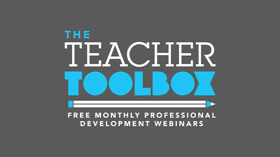 The words The Teacher Toolbox: Free Monthly Professional Development Webinars in blue and white text with a graphic of a pencil.