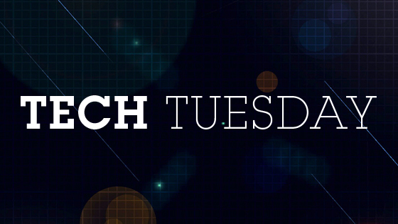 The words Tech Tuesday in white on a dark blue background with orange circles.